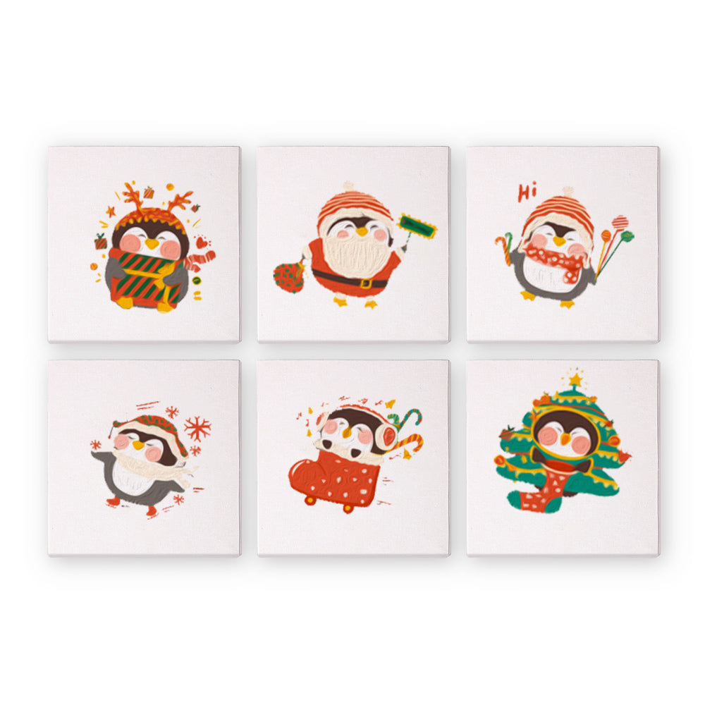 A set of six paint-by-numbers canvases with cartoon penguins dressed in holiday attire.