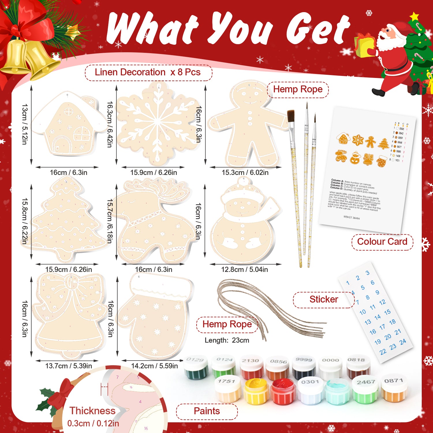 Ensemble de produits comprenant des articles sur le thème de Noël, notamment des décorations en lin, une corde de chanvre, des bouteilles de peinture et une carte de couleurs sur un fond festif.