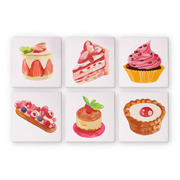 A set of six paint-by-numbers kits with various desserts depicted on them, including cupcakes and cakes.