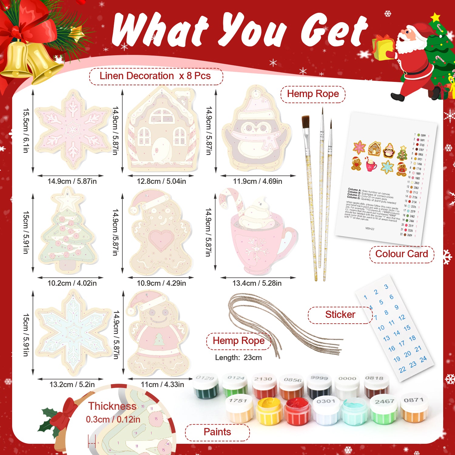 Product set with Christmas-themed items including linen decorations, paints, and tools on a red background.