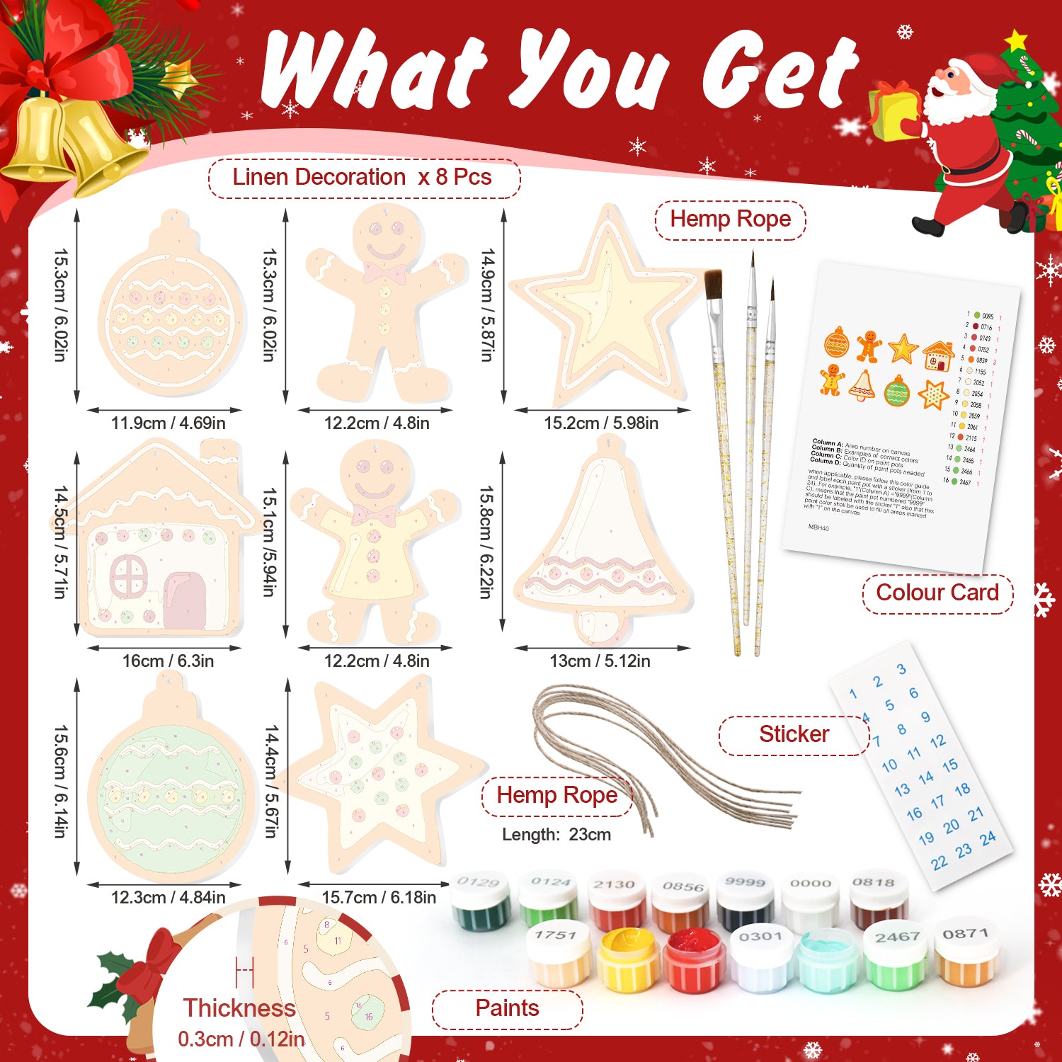 Produktset mit weihnachtlichen Artikeln, darunter Leinendekorationen, Hanfseil, Farbflaschen und einer Farbkarte auf festlichem Hintergrund.