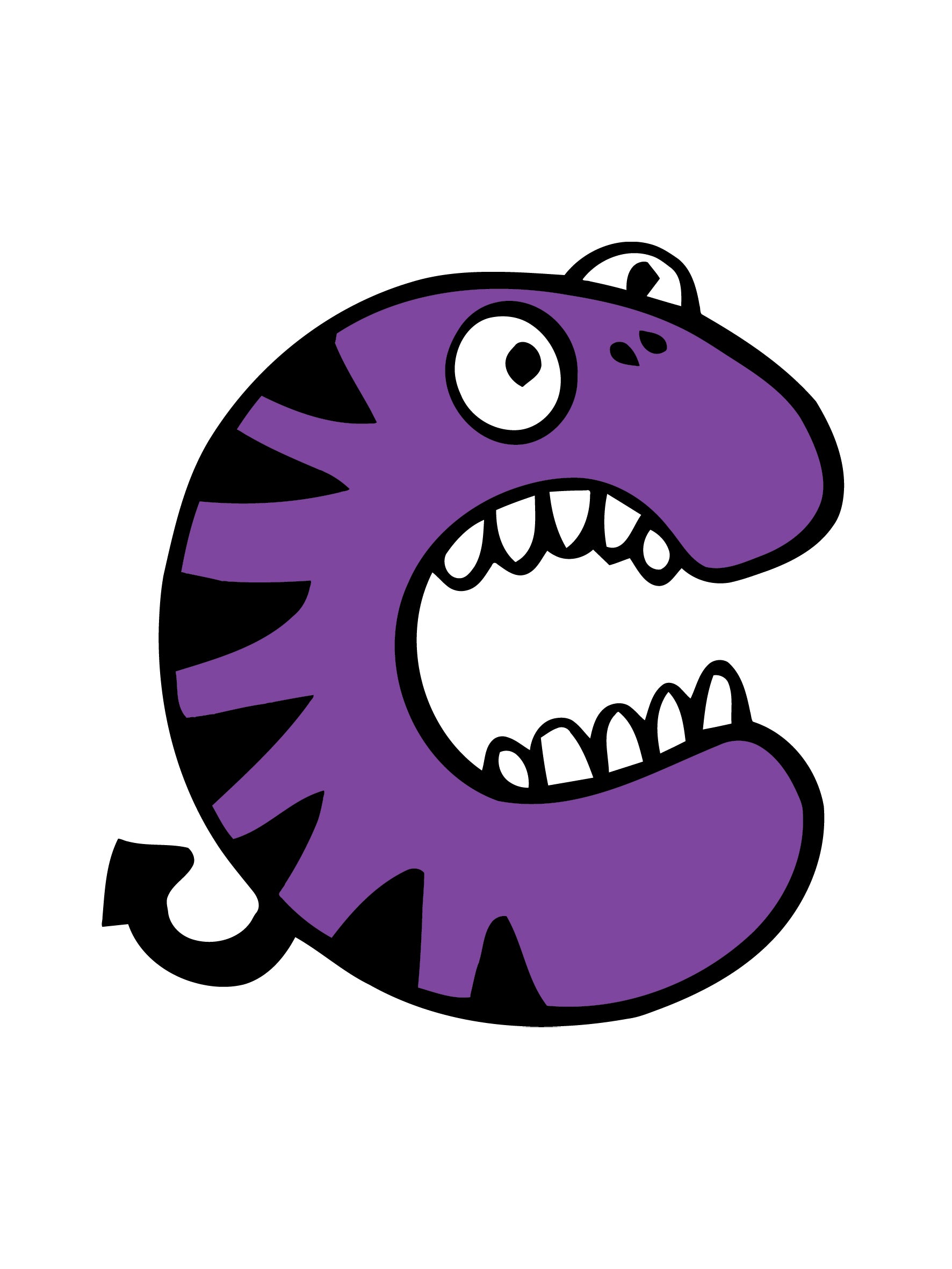 Purple cartoon character with a wide open mouth on a white background