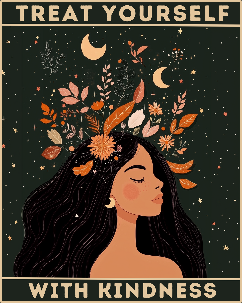 A paint-by-numbers kit with a celestial theme, featuring a woman with floral and autumnal hair adornments against a starry night sky background, with the text 'TREAT YOURSELF WITH KINDNESS' at the bottom.