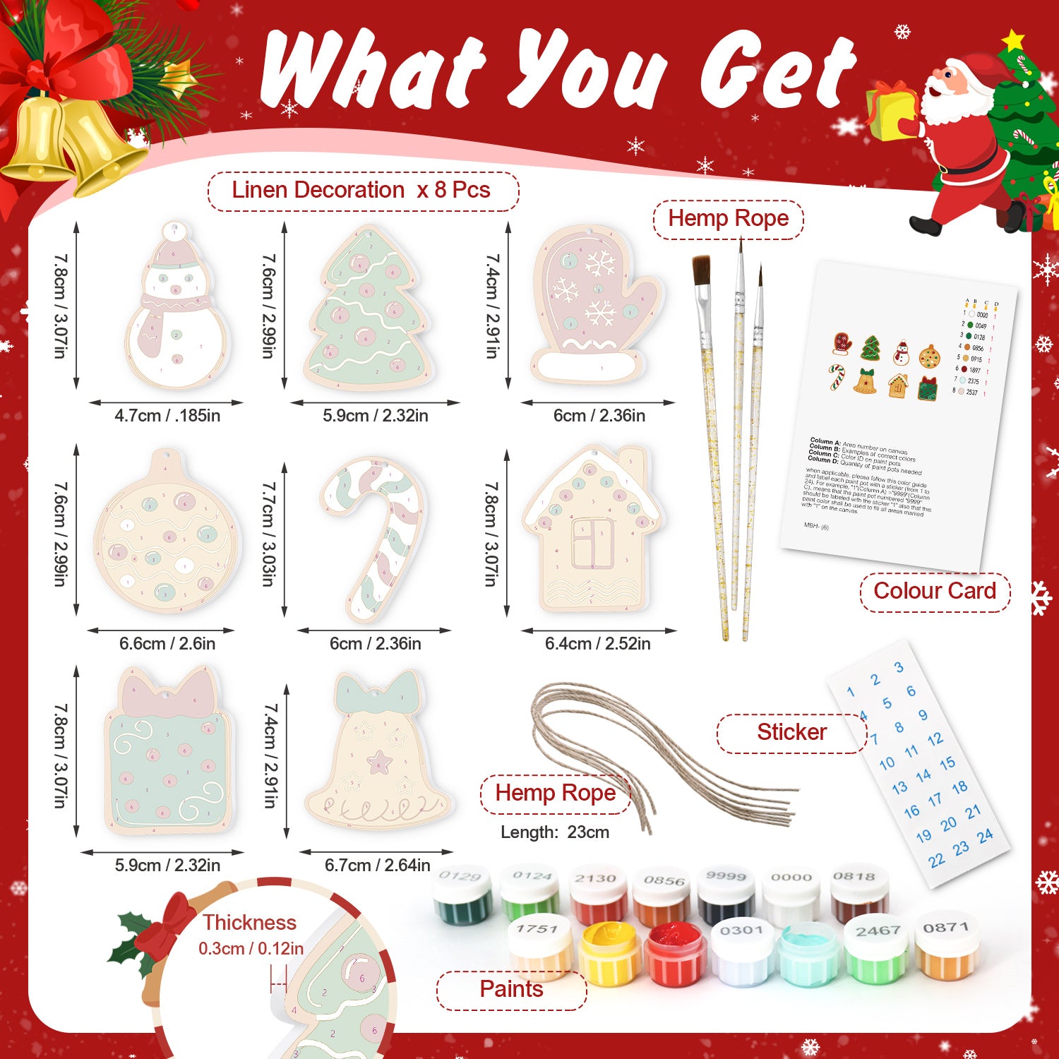 Product set with Christmas-themed items including linen decorations, hemp rope, paint bottles, and a color card on a festive background.