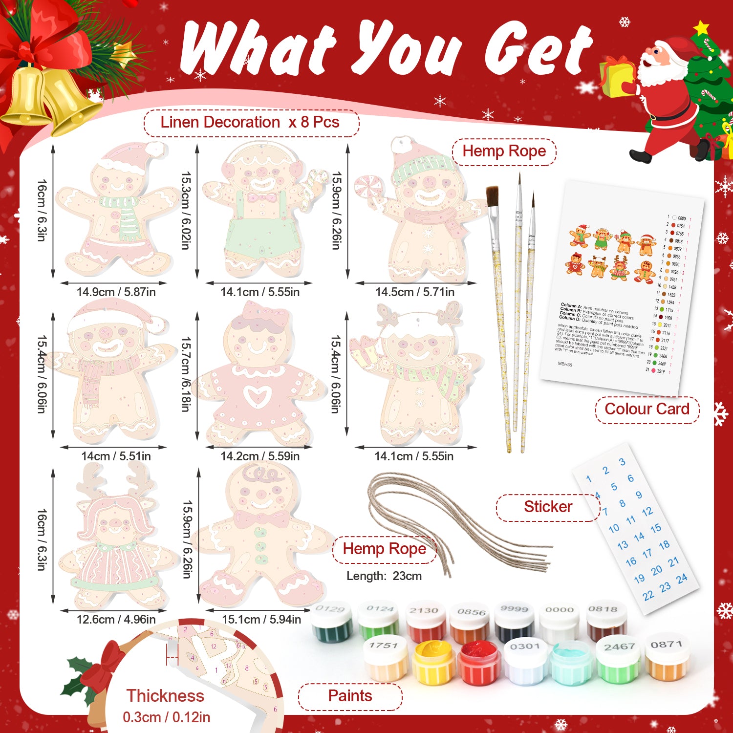 Product set with gingerbread men decorations, paints, and tools on a festive background