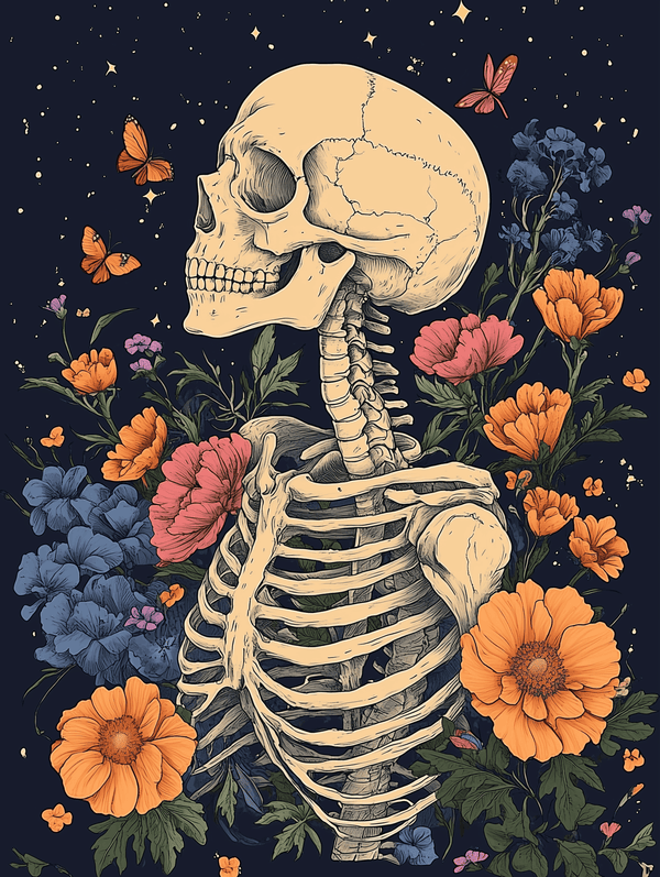 A paint by numbers kit depicting a skeleton with flowers and butterflies around it, set against a dark background.