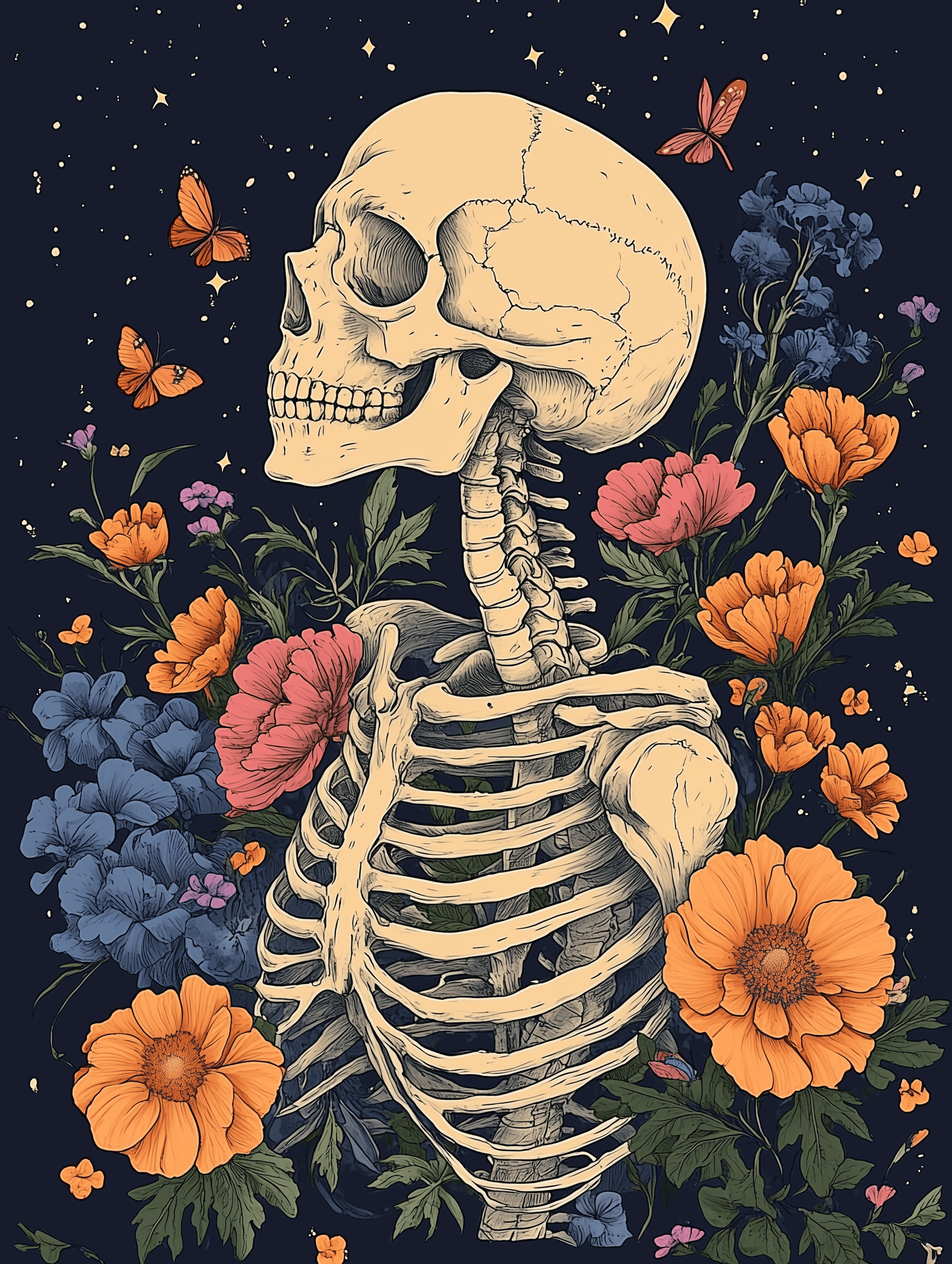 A paint by numbers kit depicting a skeleton with flowers and butterflies around it, set against a dark background.