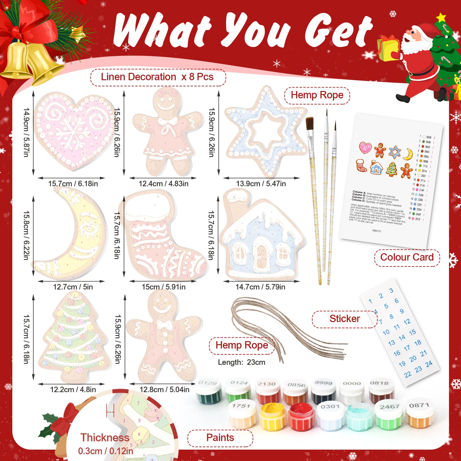 Product packaging with Christmas-themed items including linen decorations, hemp rope, paint bottles, and a color card on a red background.