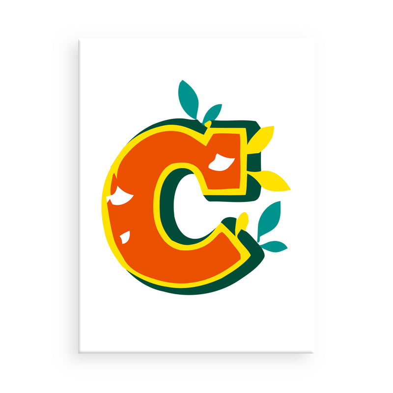 Colorful letter 'C' with decorative elements on a white background