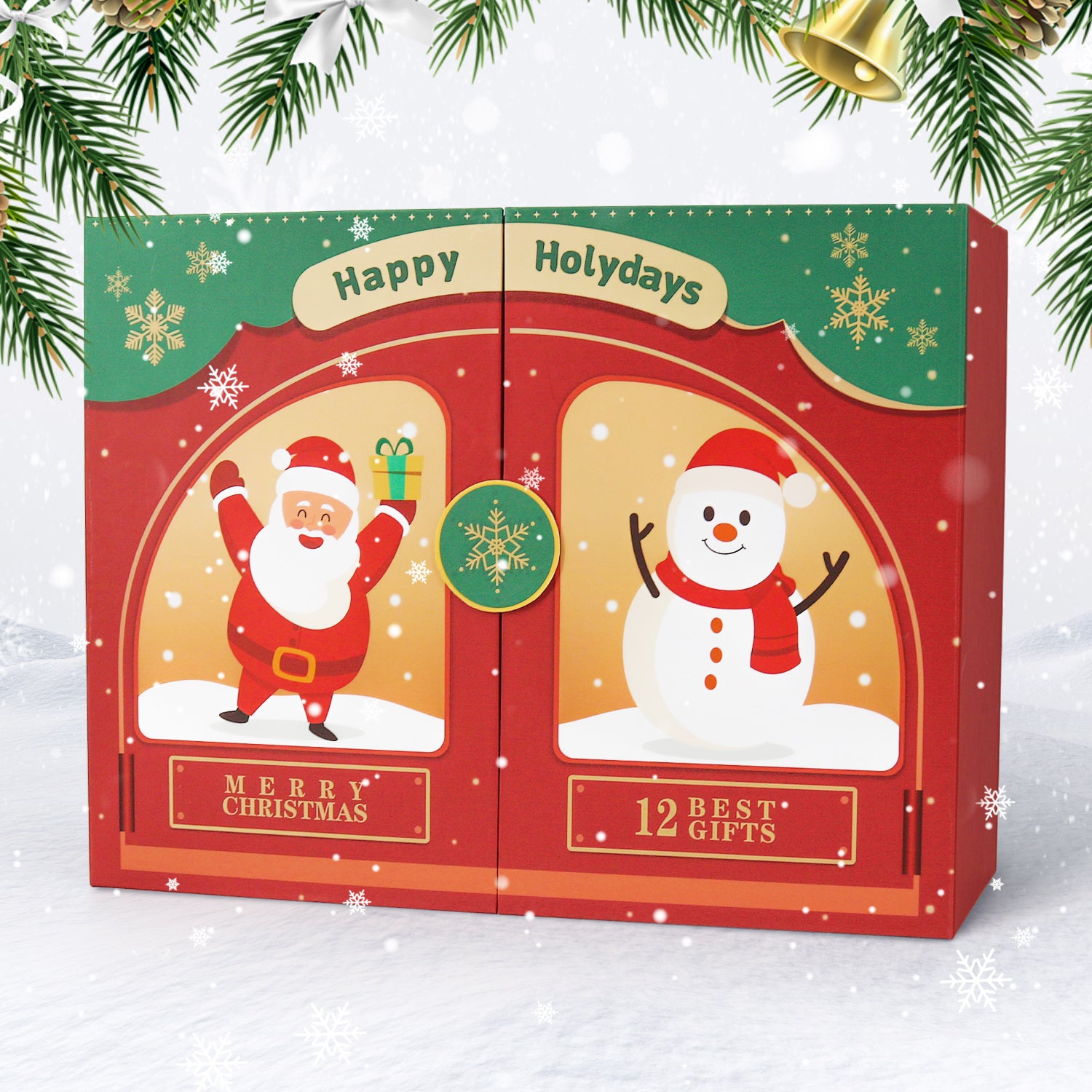Advent calendar with Santa Claus and snowman design on a snowy background