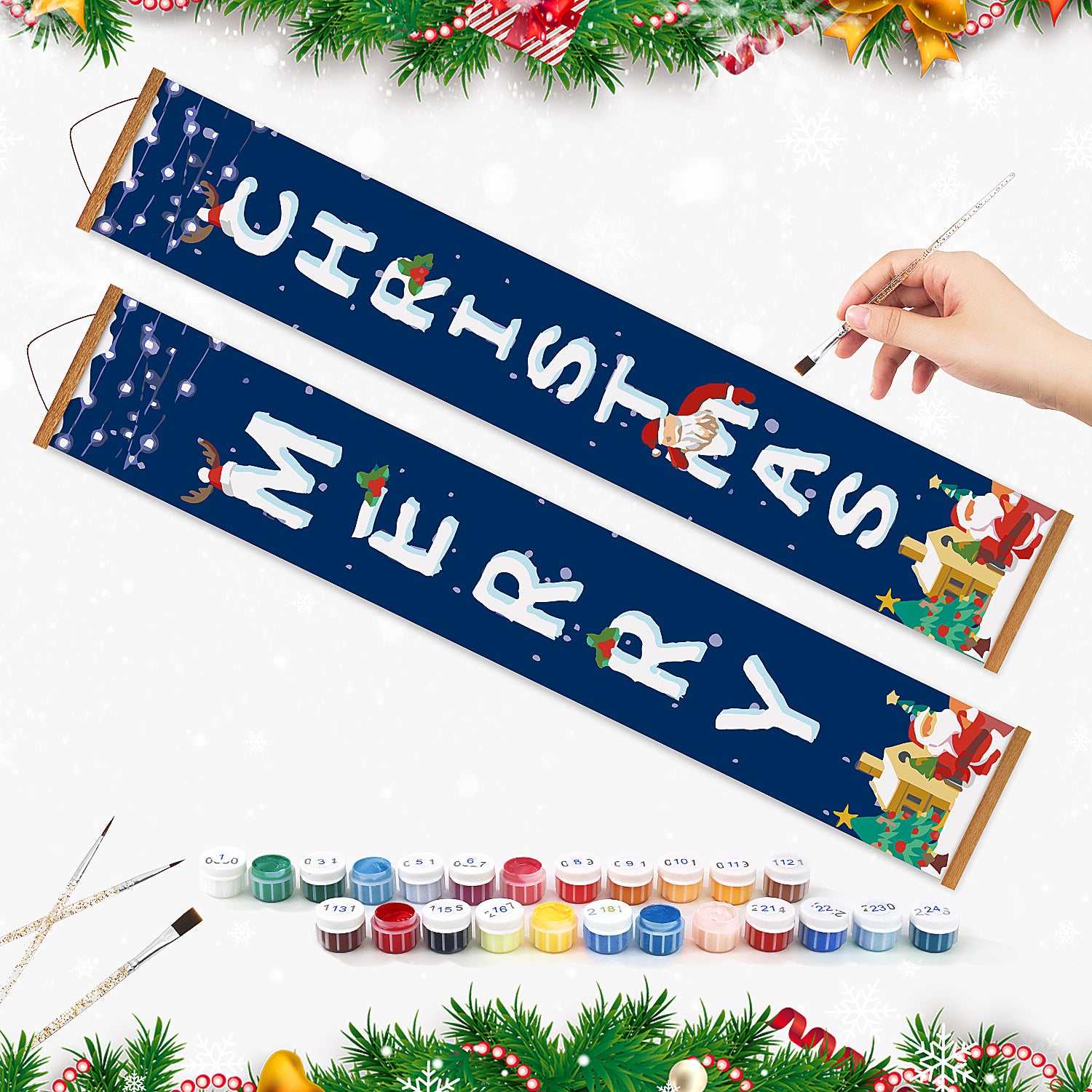 Bannière décorative avec le texte « Je vous souhaite un joyeux Noël », entourée d'éléments festifs sur fond blanc.