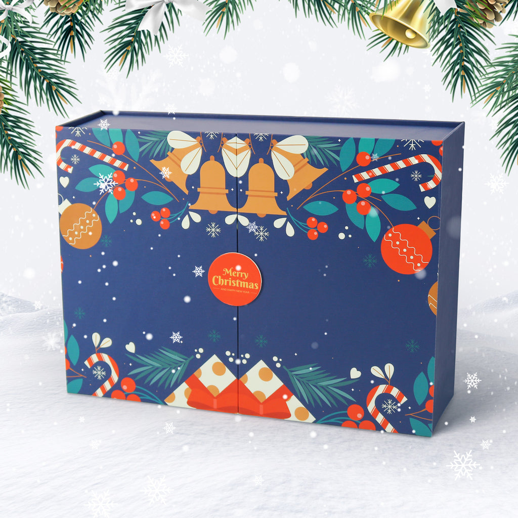 Christmas-themed box with festive decorations on a snowy background