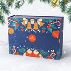 Christmas-themed box with festive decorations on a snowy background