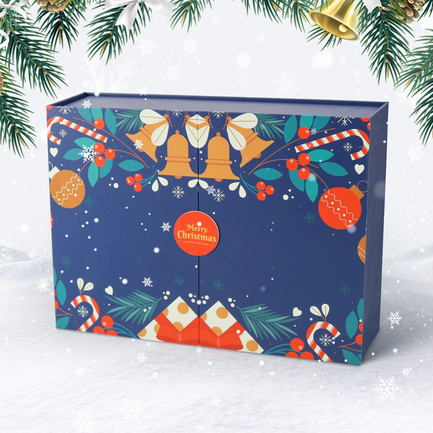 Christmas-themed box with festive decorations on a snowy background