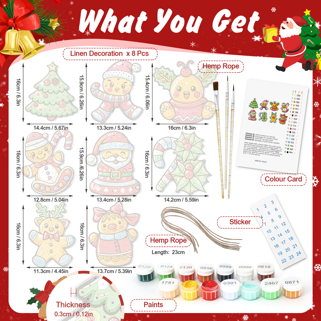 Product packaging with Christmas-themed items and measurements on a red background.