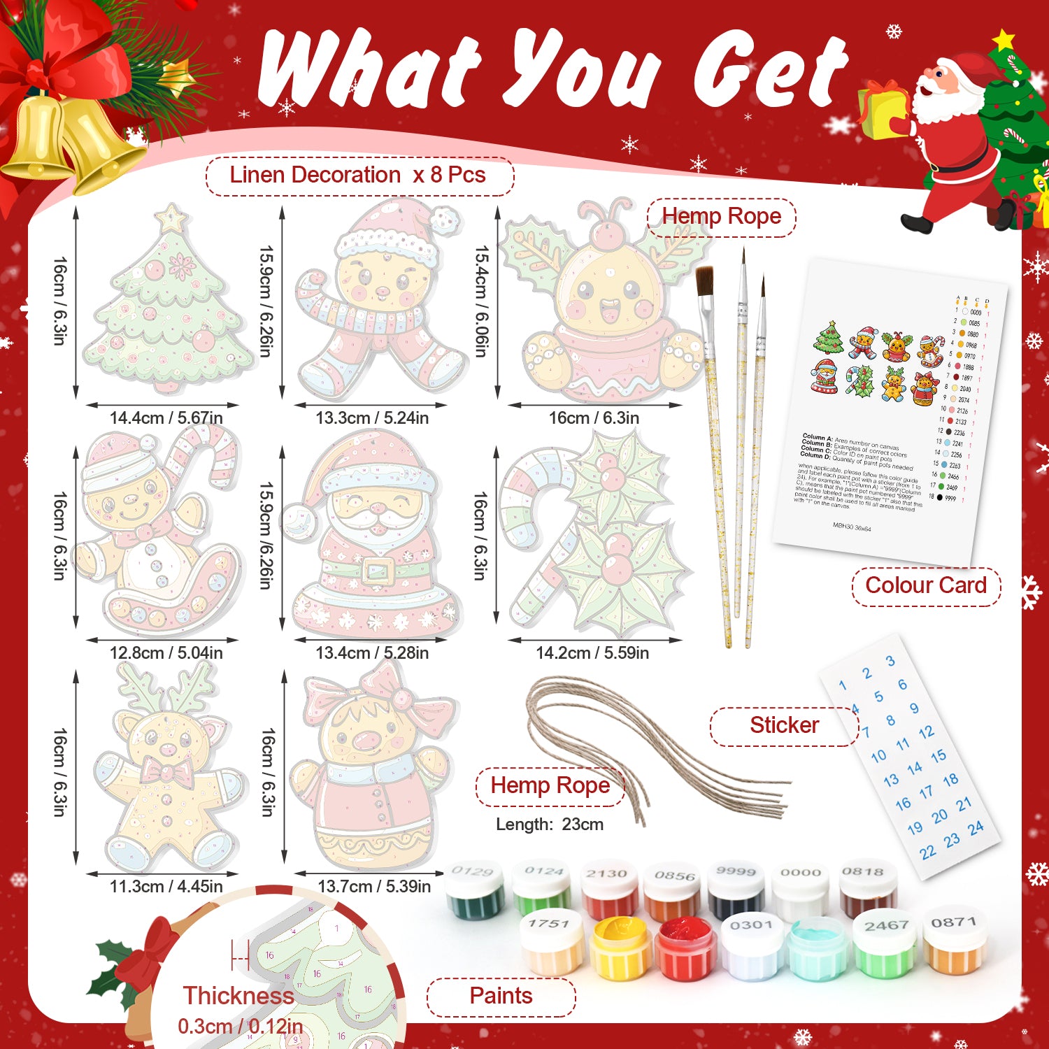 Product packaging with Christmas-themed items and measurements on a red background.