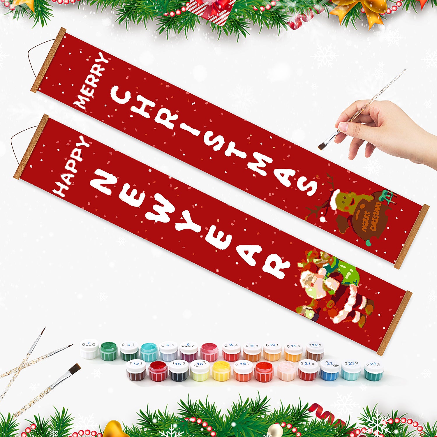Dekoratives Banner mit weihnachtlichem Text und Grafiken, umgeben von Farbdosen und einer Hand, die einen Pinsel hält.