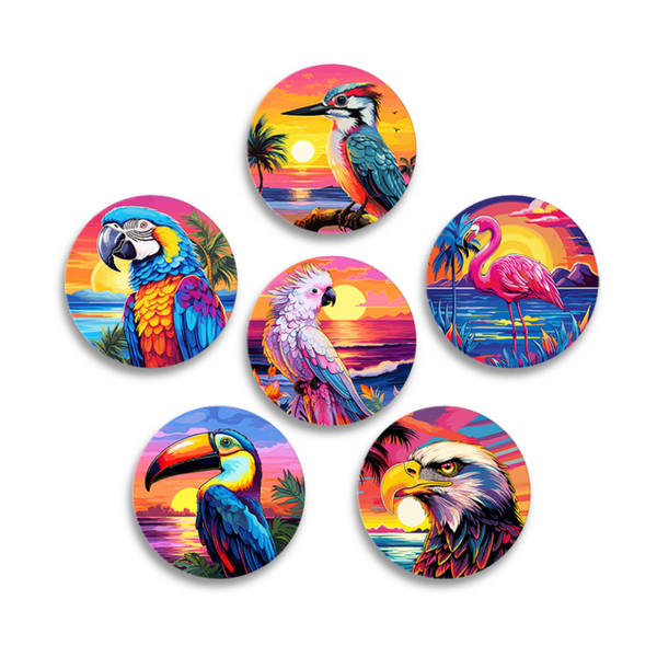 A set of six colorful paint-by-numbers coasters with images of tropical birds such as parrots and toucans against a sunset background.