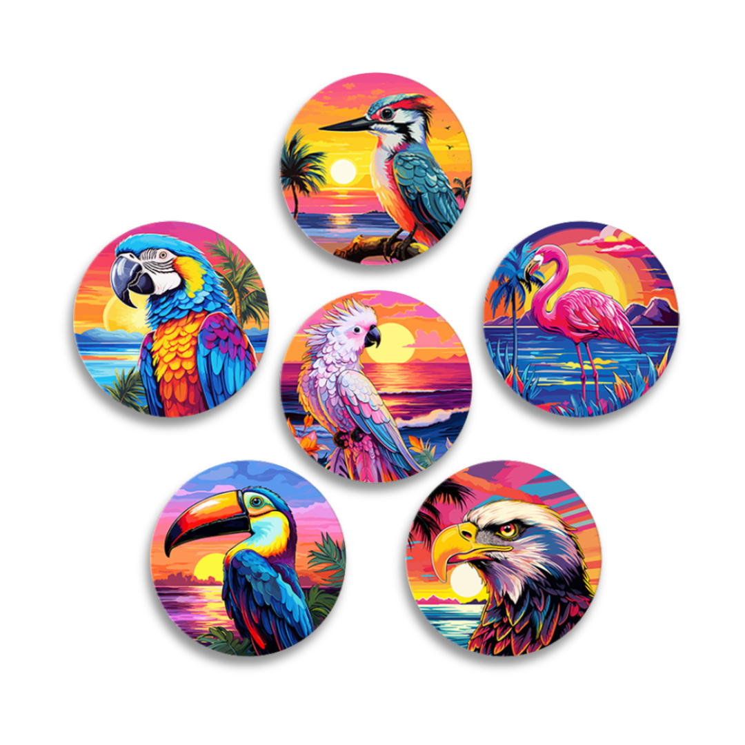 A set of six colorful paint-by-numbers coasters with images of tropical birds such as parrots and toucans against a sunset background.