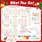 Christmas-themed product set with measurements and items included on a red background.