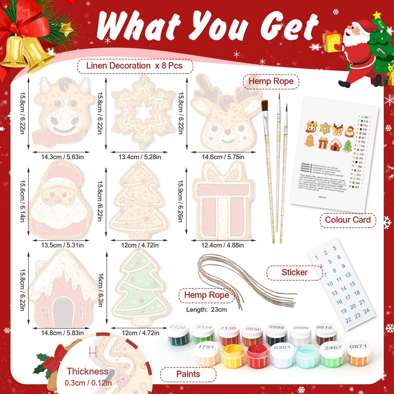 Christmas-themed product set with measurements and items included on a red background.