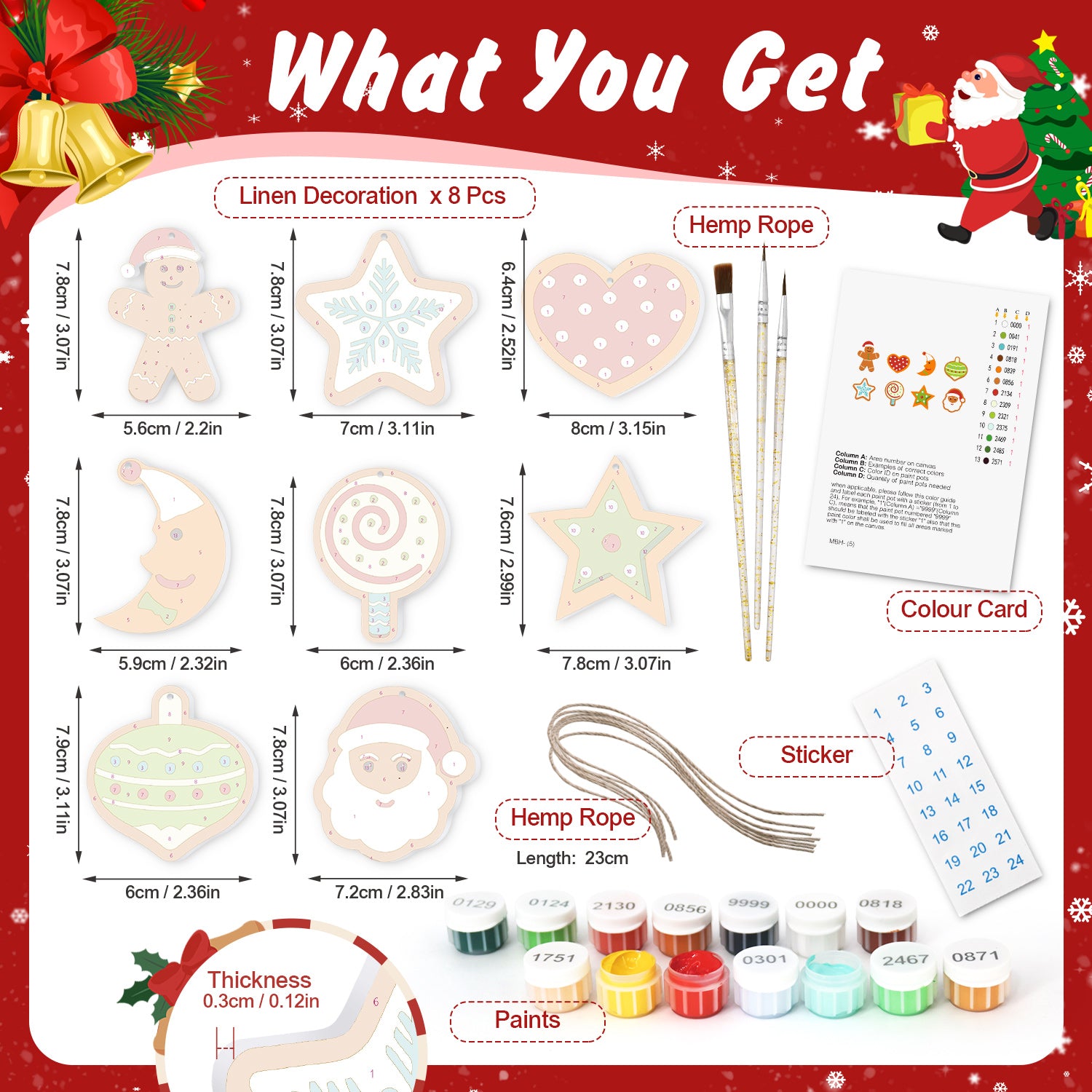 Lot de produits comprenant des articles sur le thème de Noël, notamment des décorations en lin, de la corde de chanvre, de la peinture et une carte de couleurs sur un fond festif.