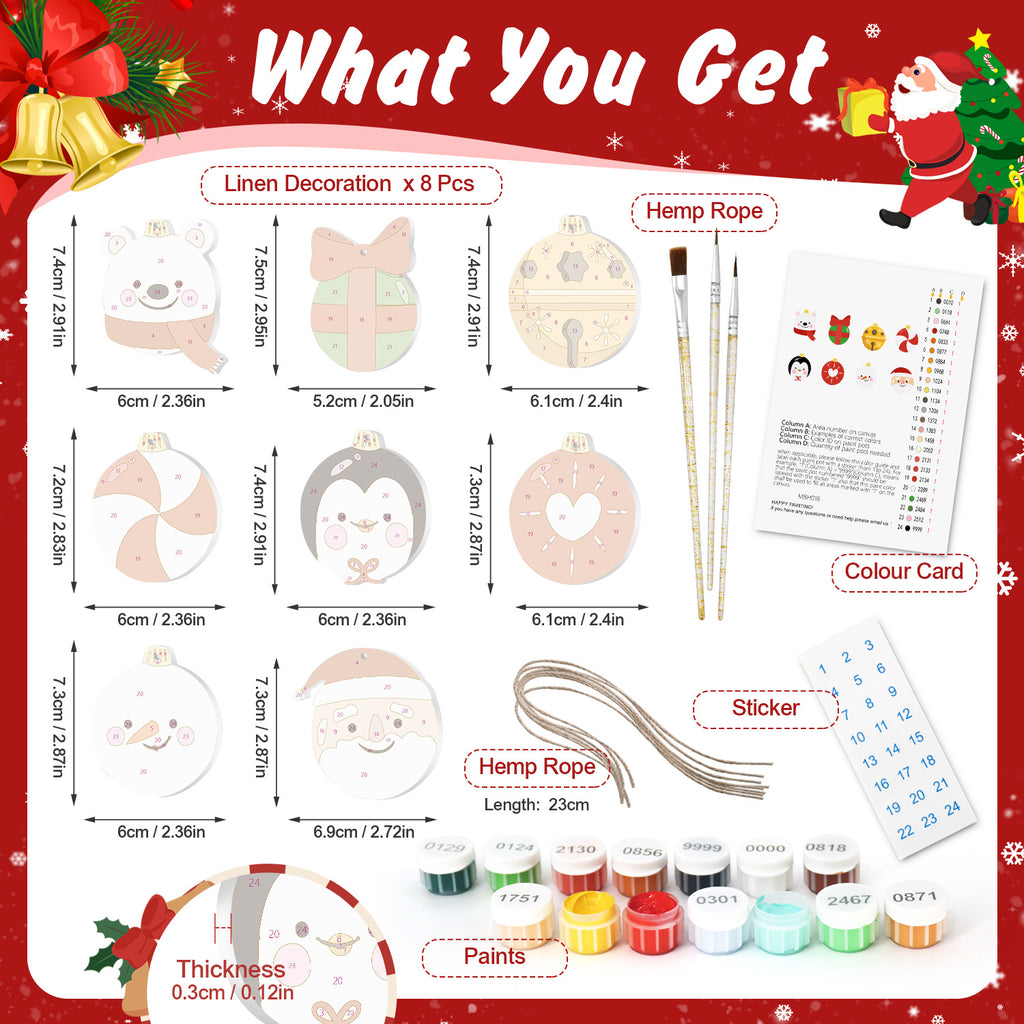 Product packaging with Christmas-themed items including linen decorations, hemp rope, paint cans, and a color card on a red background.