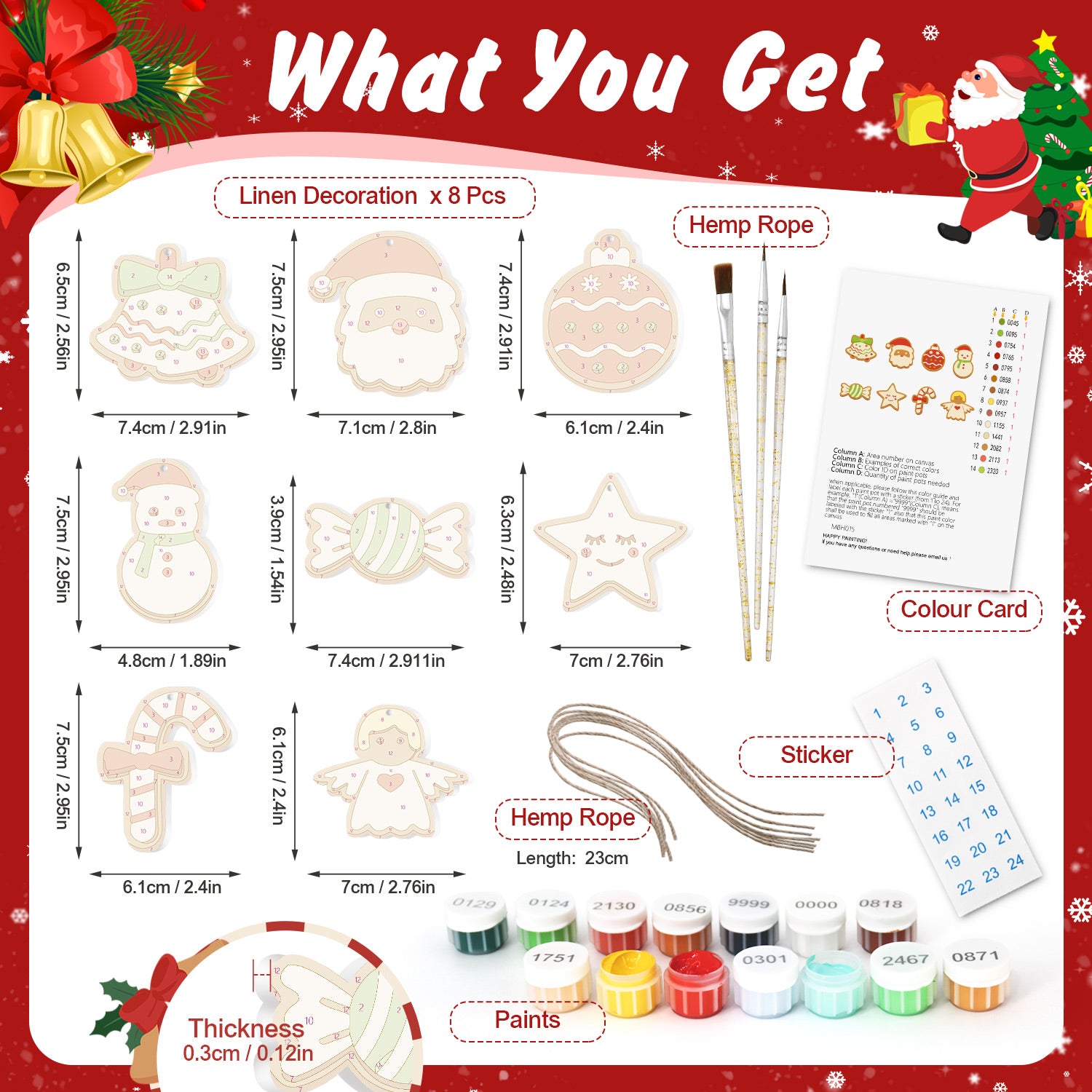Product packaging with Christmas-themed items and measurements on a red background