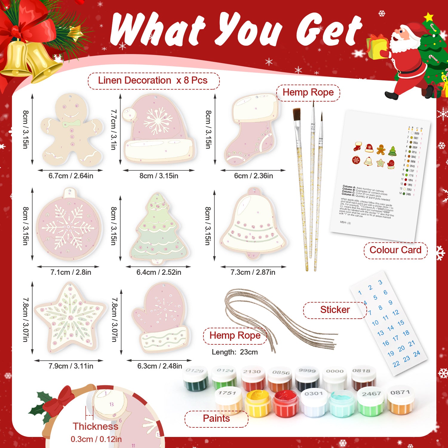 Ensemble de produits comprenant des articles sur le thème de Noël, notamment des décorations en lin, une corde de chanvre, des bouteilles de peinture et une carte de couleurs sur un fond festif.