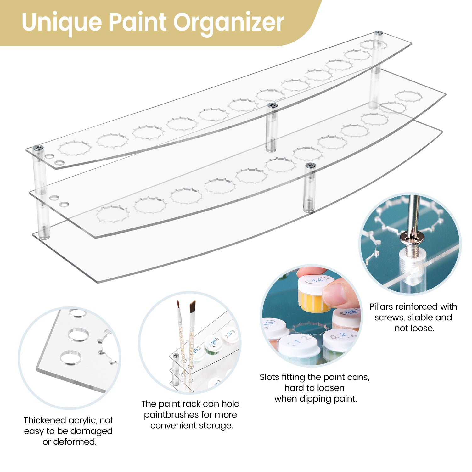 Clear acrylic paint organizer with multiple slots for paint cans and brushes, featuring reinforced pillars and thick acrylic material.
