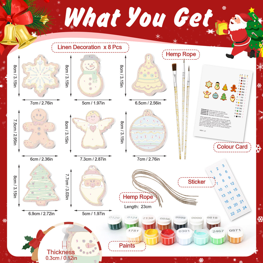 Product set with Christmas-themed items including linen decorations, hemp rope, paint, and a color card on a festive background.