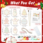 Product set with Christmas-themed items including linen decorations, hemp rope, paint, and a color card on a festive background.