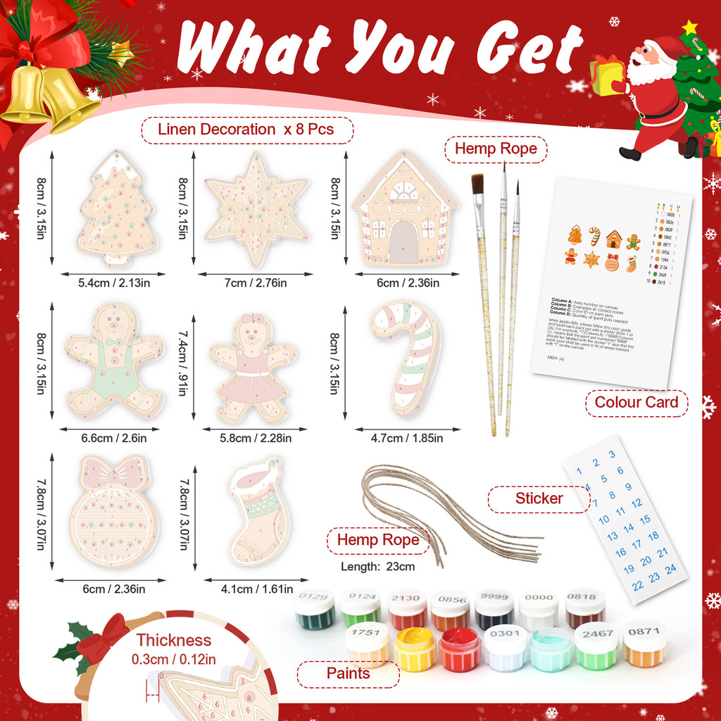 Product set with linen decorations, hemp rope, paint bottles, and a color card on a festive background.