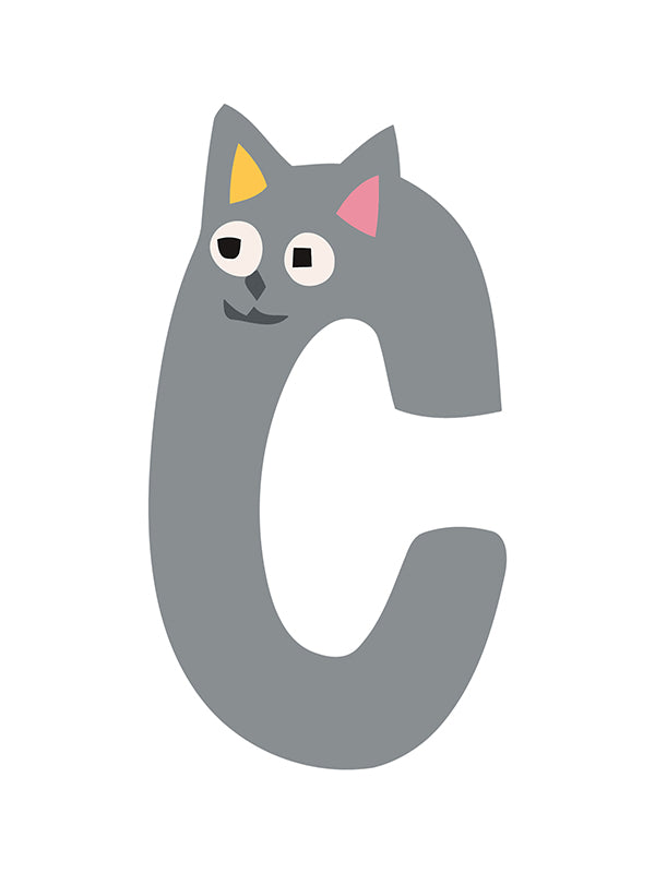 Gray letter 'c' with cat face design on a white background