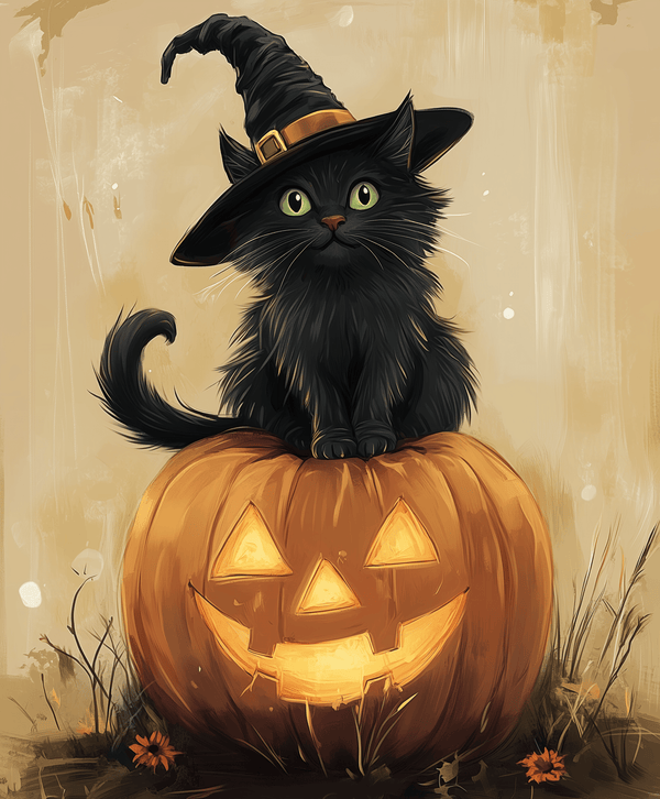 A paint by numbers kit depicting a black cat wearing a witch's hat sitting on a glowing pumpkin with a spooky Halloween background.
