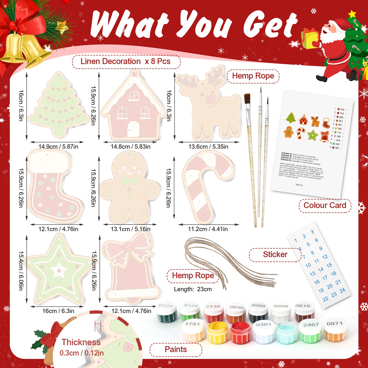 Produktset mit weihnachtlichen Artikeln, darunter Leinendekorationen, Hanfseil, Farbflaschen und einer Farbkarte auf festlichem Hintergrund.