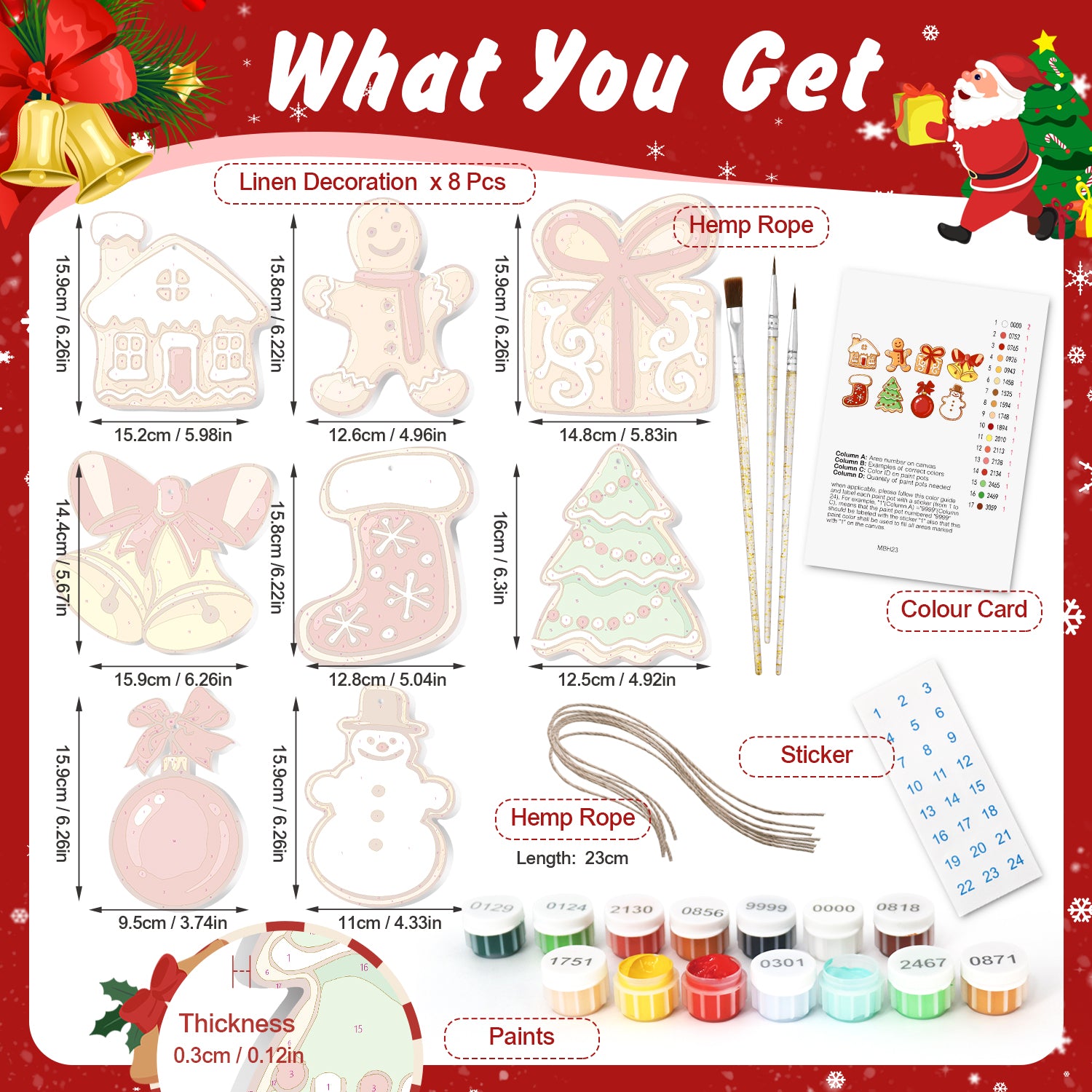 Christmas-themed craft kit with various items on a red background