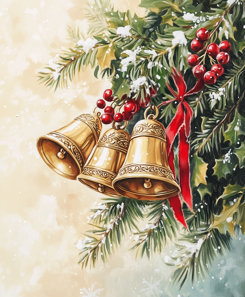 A paint by numbers kit depicting golden jingle bells with red ribbons, surrounded by green foliage and red berries.