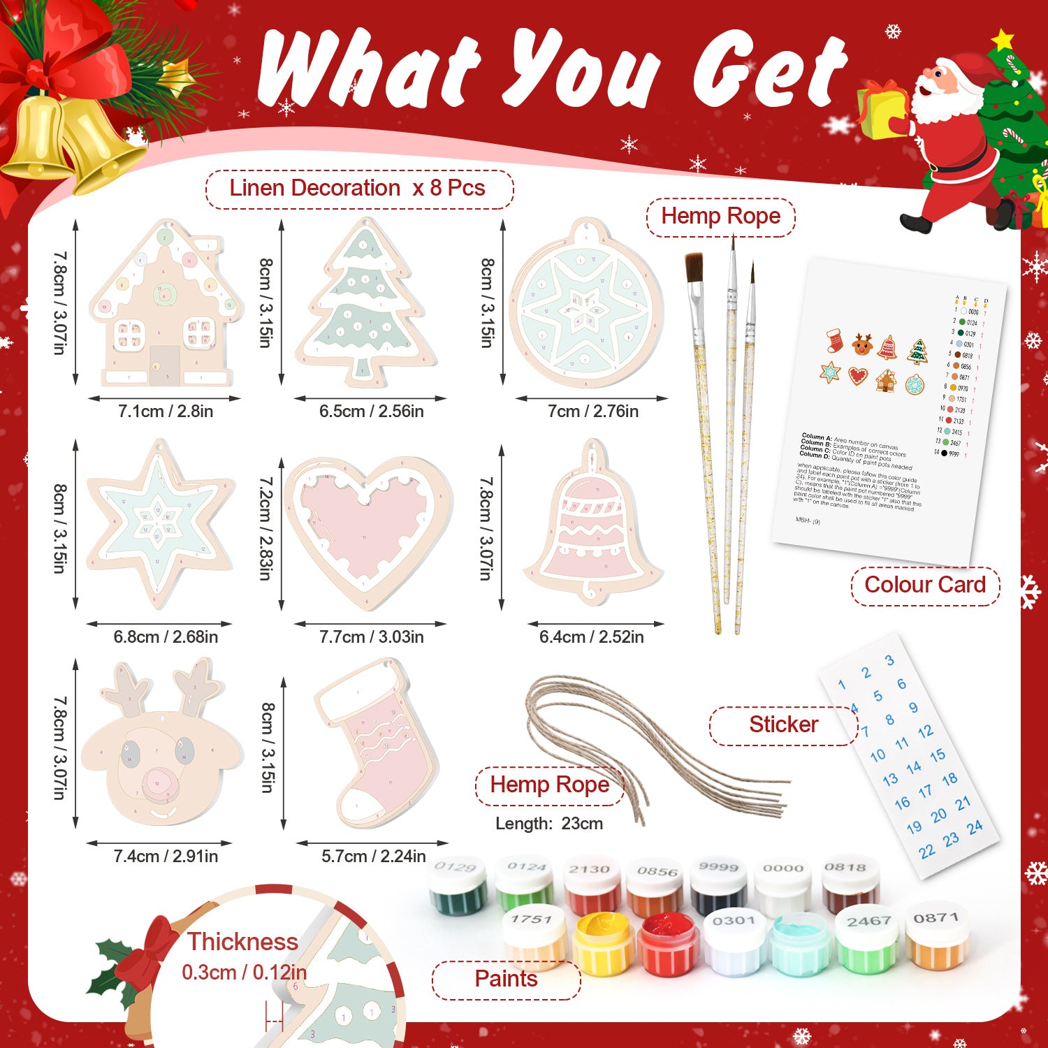 Christmas-themed craft kit with linen decorations, hemp rope, paint bottles, and other supplies on a festive background.