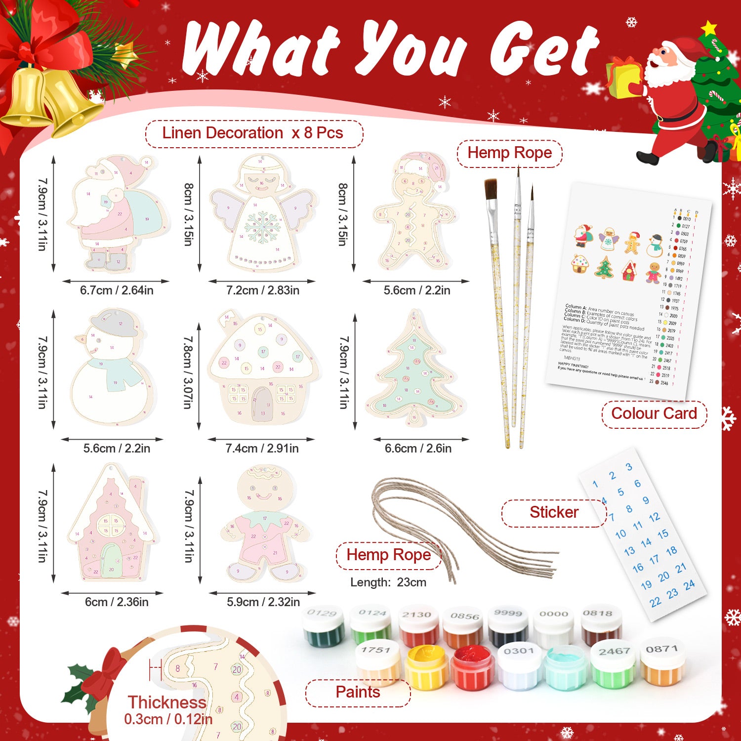 Product packaging with Christmas-themed items and dimensions on a red background