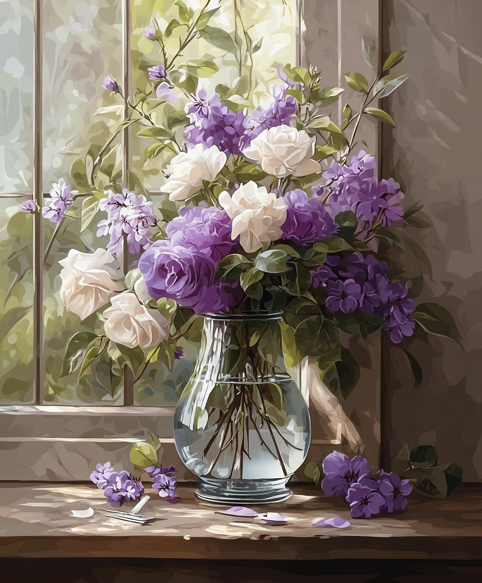A paint by numbers kit image featuring a sunlit glass vase with purple and white blossoms.