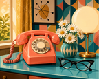 A coral rotary telephone, daisies, glasses and a round lamp on a turquoise table.