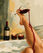 A raised foot holding a tilted wine glass as red wine spills down a leg beside a bathtub.