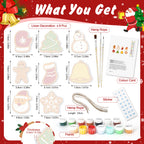 Christmas-themed craft kit with linen decorations, paints, and tools on a festive background.