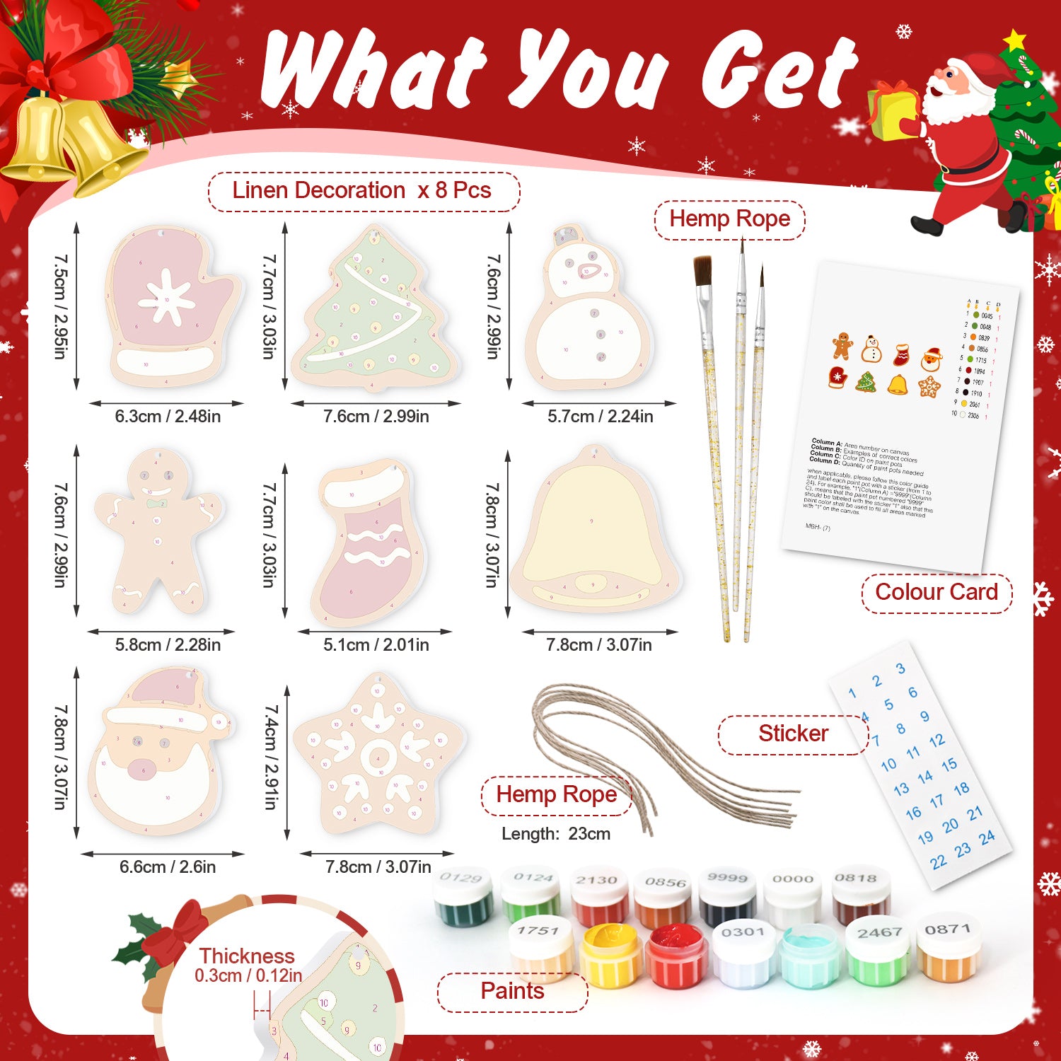 Christmas-themed craft kit with linen decorations, paints, and tools on a festive background.