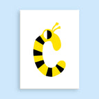 Yellow and black striped letter 'C' on a white background with a light blue border