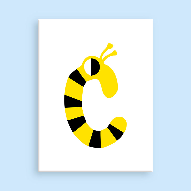 Yellow and black striped letter 'C' on a white background with a light blue border