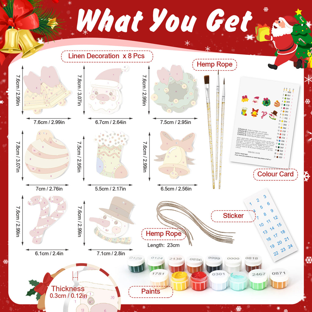 Christmas-themed craft kit with various items and measurements on a festive background.