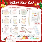 Christmas-themed craft kit with various items and measurements on a festive background.