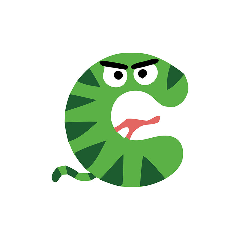 Green cartoon letter 'Q' with a angry expression on a white background